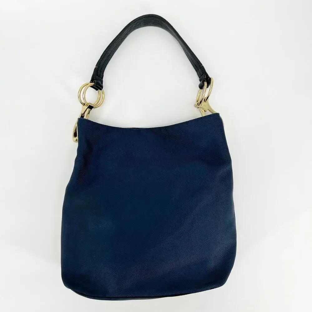 JPK Paris 75 Hobo Bucket Shoulder Bag Navy Blue Canvas Leather Strap Gold Buckle